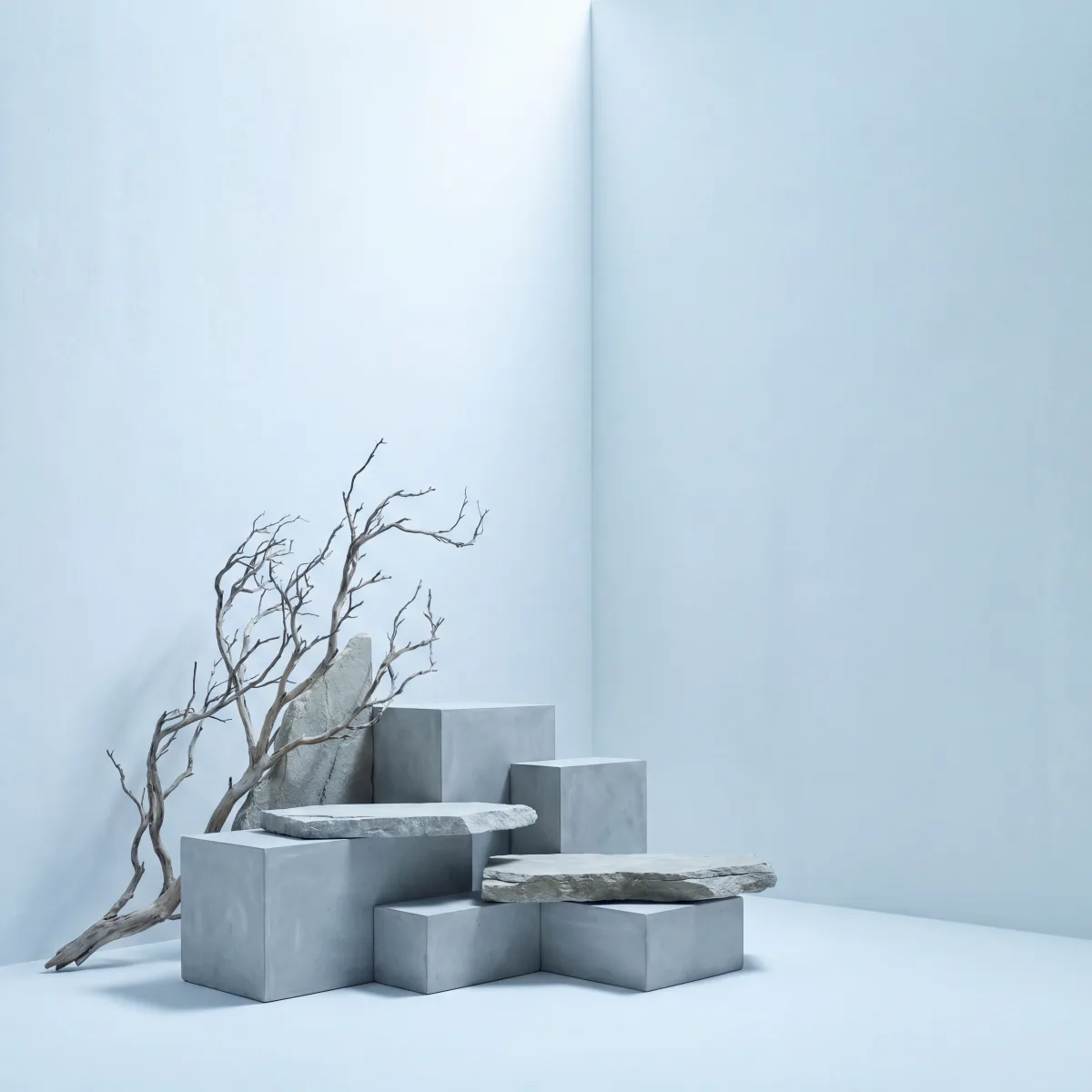 Stacked concrete blocks with bare branches in a minimalist room