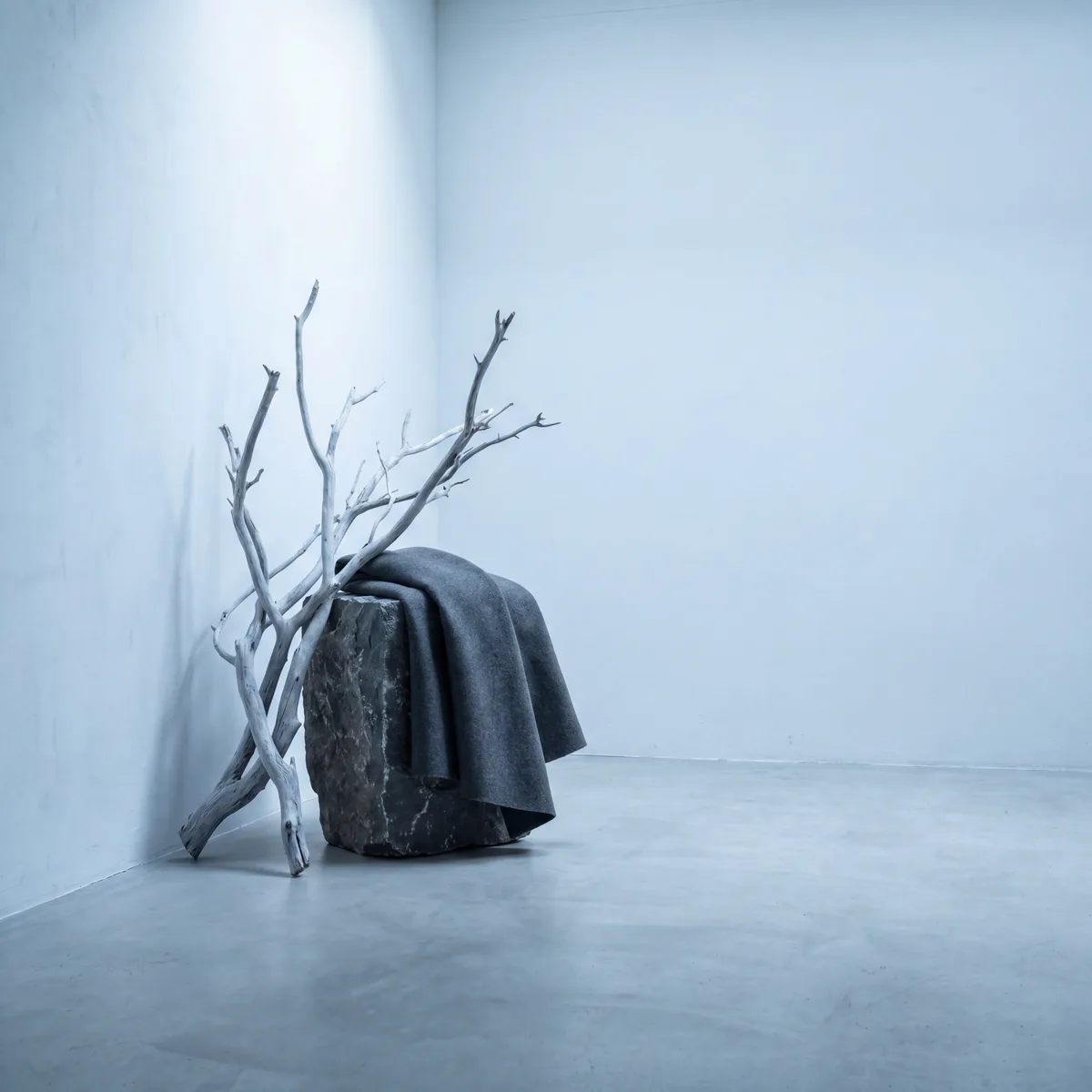 Dark fabric draped over branches in a minimalist corner